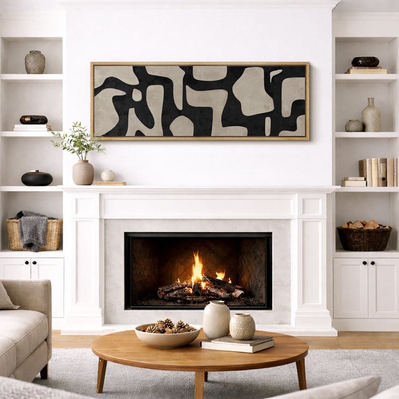 Mid Century Shape Abstract Contours, Black And White Beige Artwork, Retro Bedroom Home Decor, Extra Large Framed Canvas Print Wall Art