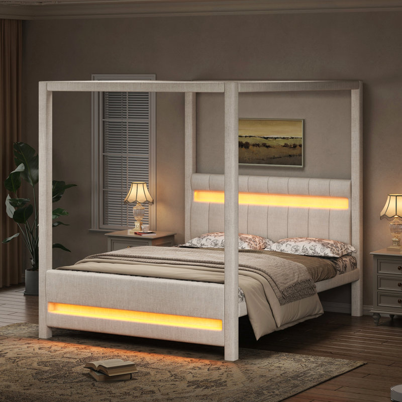Lit plateforme à baldaquin capitonné Queen Size avec tête de lit et éclairage DEL, beige