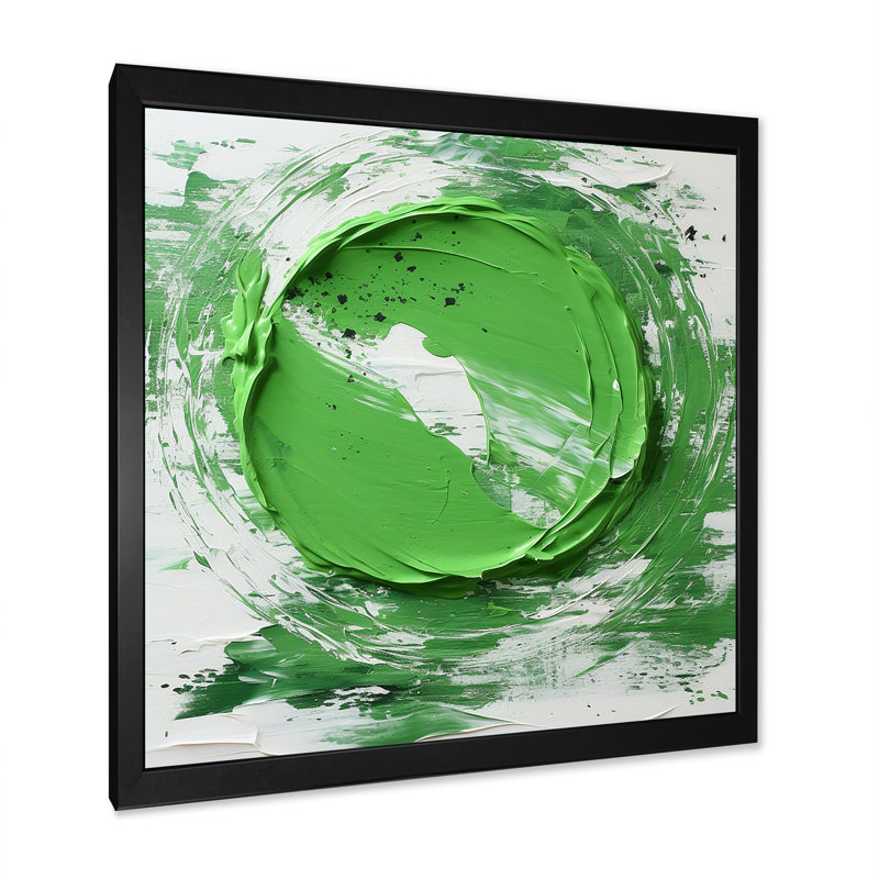 «Green and White Abstract Spiral Collage I», art mural abstrait, H 36 po x l 36 po x P 1,5 po, Cadre simple noir