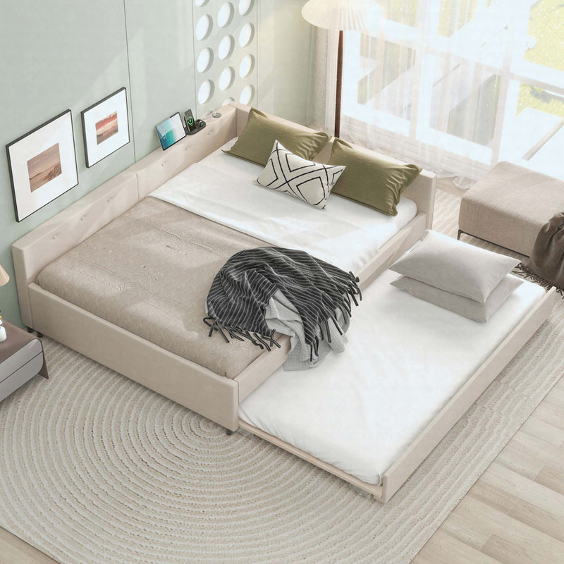 Stylish Upholstered Platform Bed With Convenient USB Ports And Space - Saving Trundle, Ideal For Comfortable And Functional Bedrooms