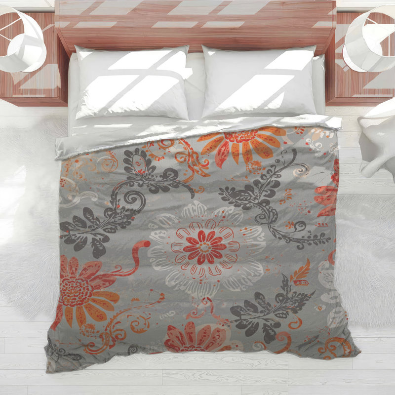 Orange Gray Floral Pattern Comforter, King
