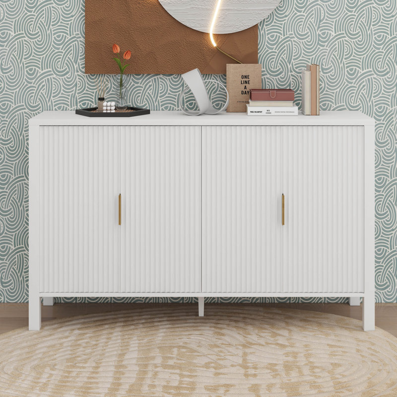 Modern Stripe Door Storage Cabinet,4-Door Sideboard With Back-Of-Door Storage Racks & Side Hooks, Adjustable Shelves, White