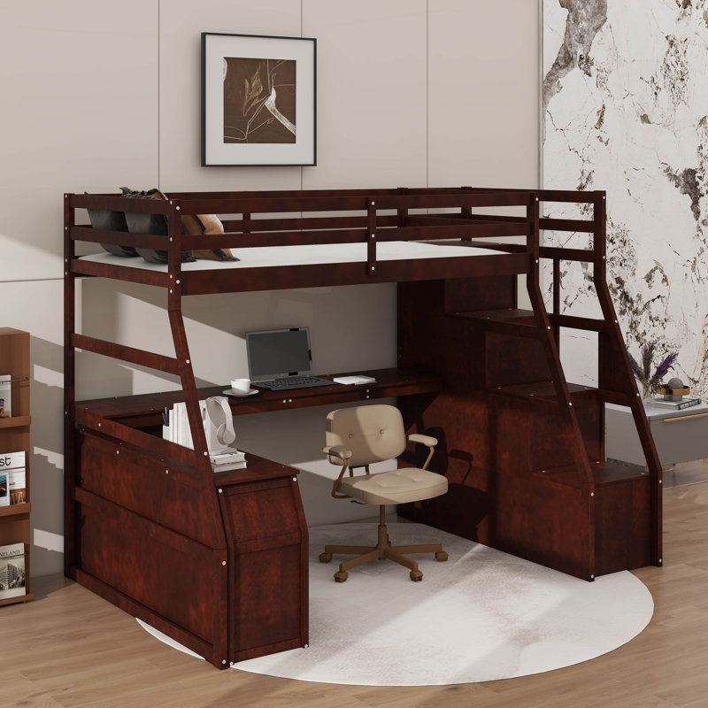 Lit mezzanine simple avec tiroirs et bureau, Lit simple, Espresso