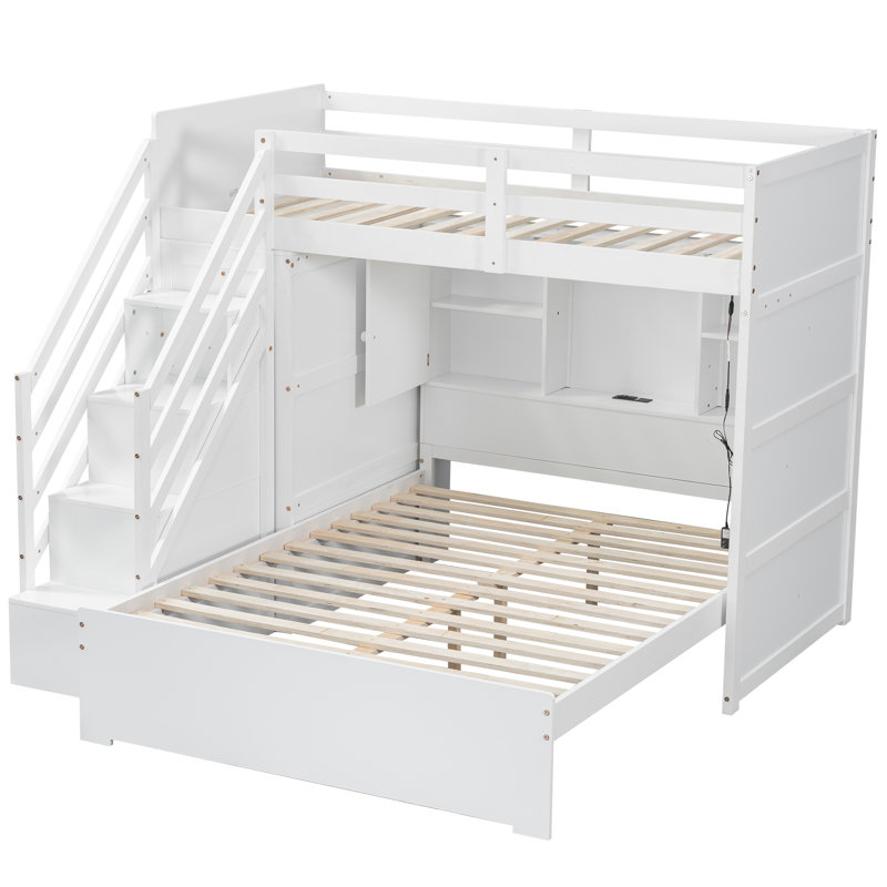 Lit superposé simple au dessus d'un lit double avec escalier de rangement, garde-robe, lumière USB et DEL, lit superposé pour enfants, blanc