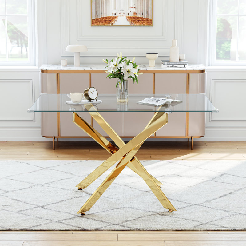 Modern Glass Dining Table Set For 4, 50" Rectangular Tempered Glass Dining Table With Velvet Upholstered Seats, Gold