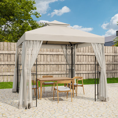 8 Ft. W x 8 Ft. D Patio Steel Soft top Double Roof Gazebo with Netting & Corner Shelves