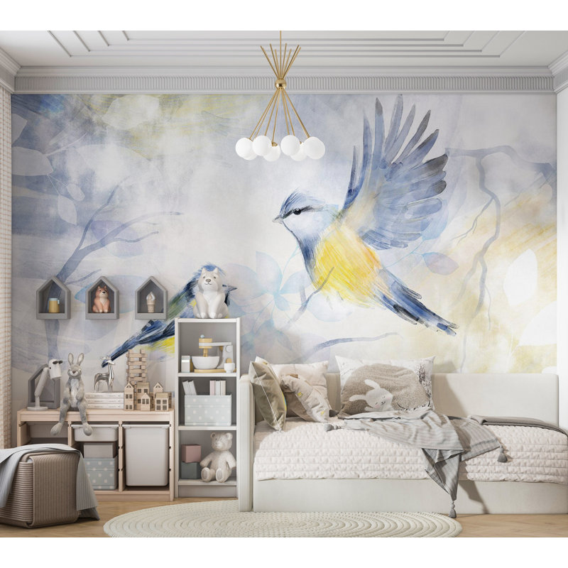 Papier peint animaux - Aquarelle oiseaux - bleu, L 137 po x L 100 po