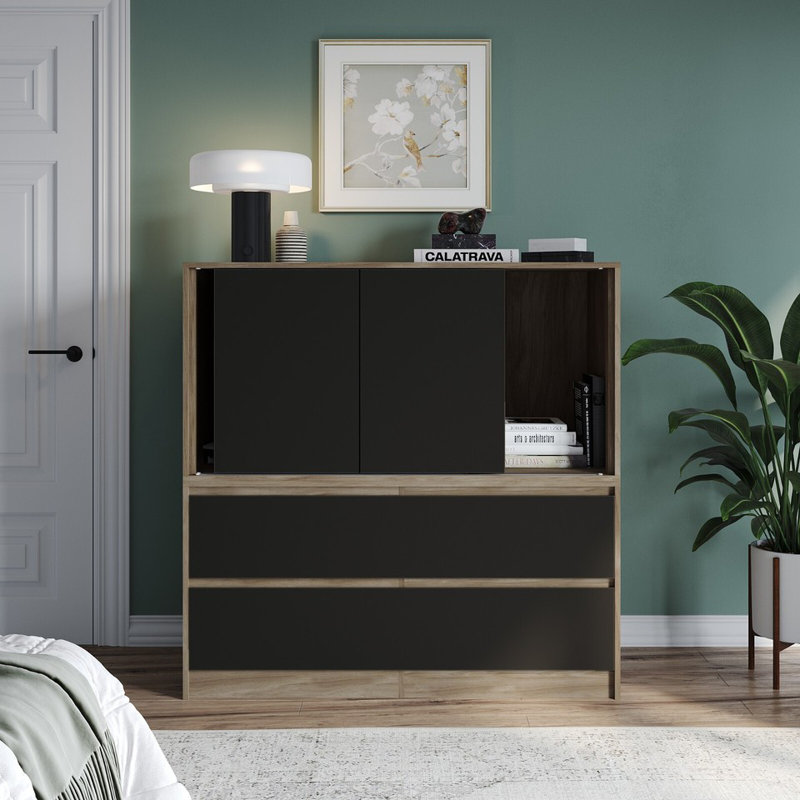 Solid Wood Rectangle Accent Cabinet, Oak with Black
