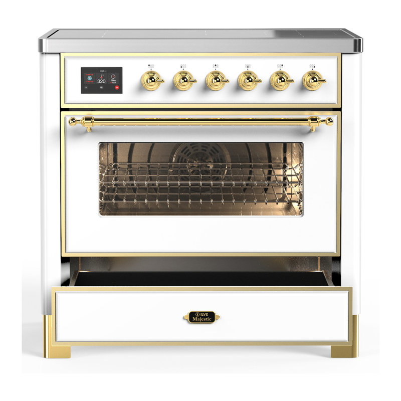Cuisinière à induction 36 pouces avec 6 éléments à induction en blanc Majestic III Series (garniture laiton), Laiton, Blanc