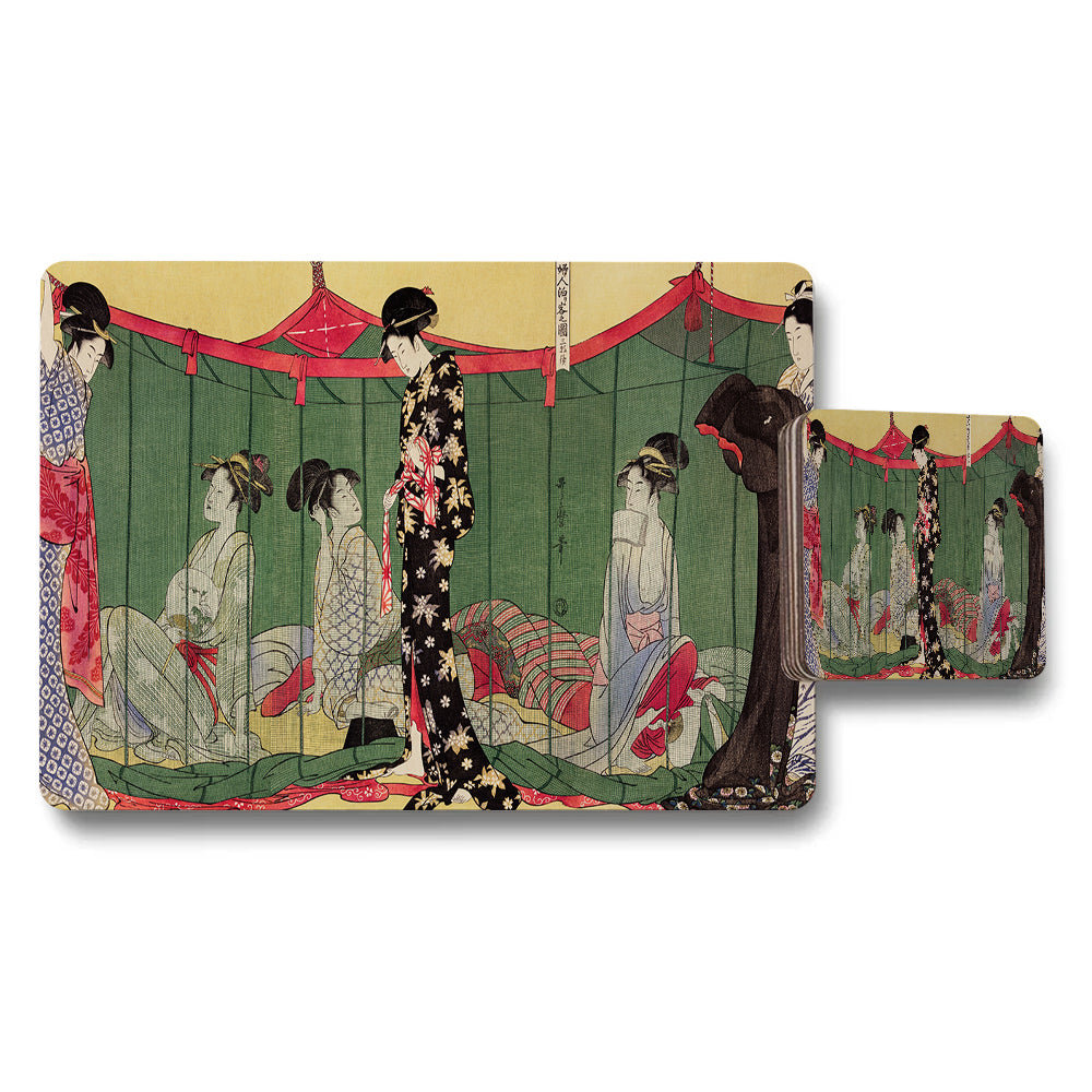Geisha Scene Placemat and Coaster Set Featuring Ukiyoe Artwork