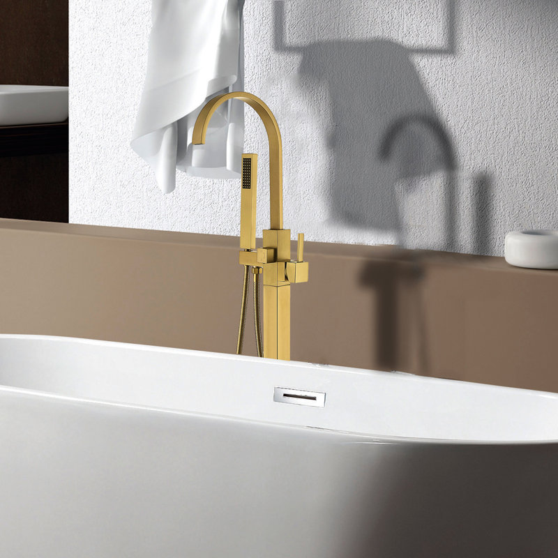 Brushed Gold Bathroom Freestanding Bathtub Faucet With Hand Shower - Metal Portable Finish