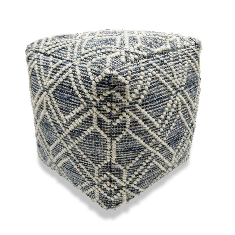 Upholstered Pouf, Ivory/Denim Wool