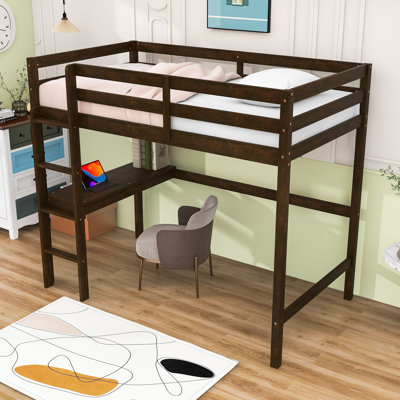Twin Loft Bed With Built-In Study Desk, Safety Guardrail, And Ladder