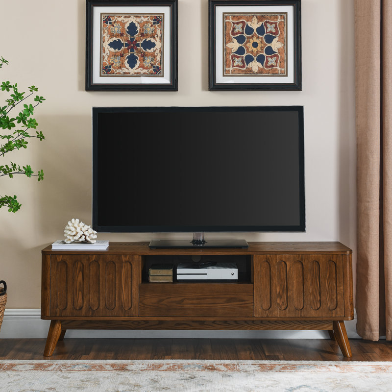Mid Century Modern Fluted TV Stand For 65 Inch TV, Entertainment Center With Storage, Farmhouse Wood Media Console For Living Room Apartment Office, Accent Table, 2 Door & 1 Drawer & Solid Wood Leg