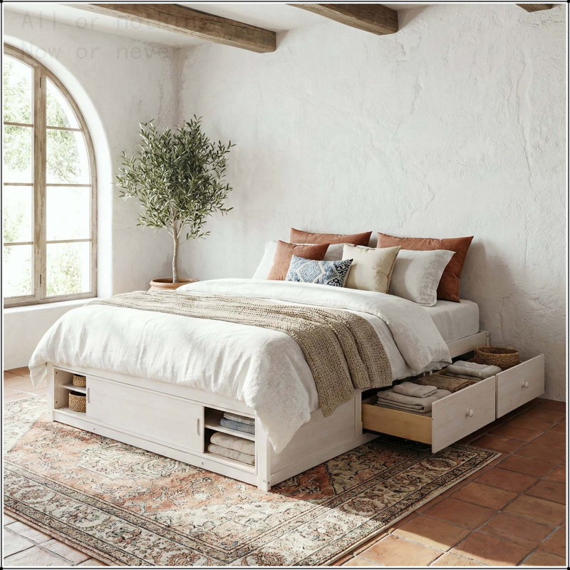 Structure de lit plateforme grand avec 4 tiroirs et pied de lit, Blanc