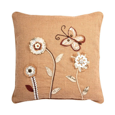 Burlap Look Flowers And Butterfly Cushion
