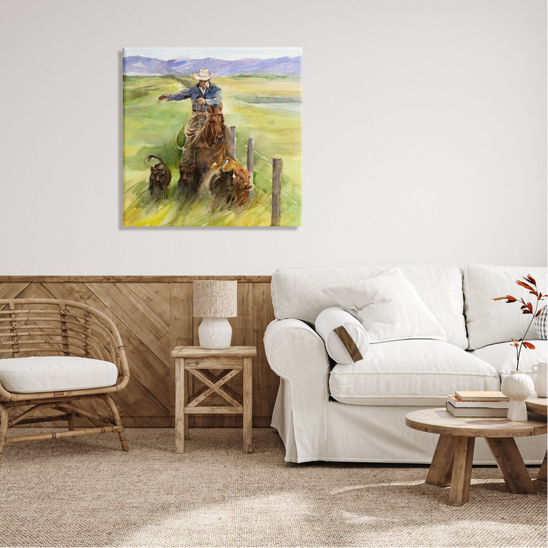 Cowboy avec bovins aquarelle par John Keeling, H 30 po x l 30 po x P 1,5 po
