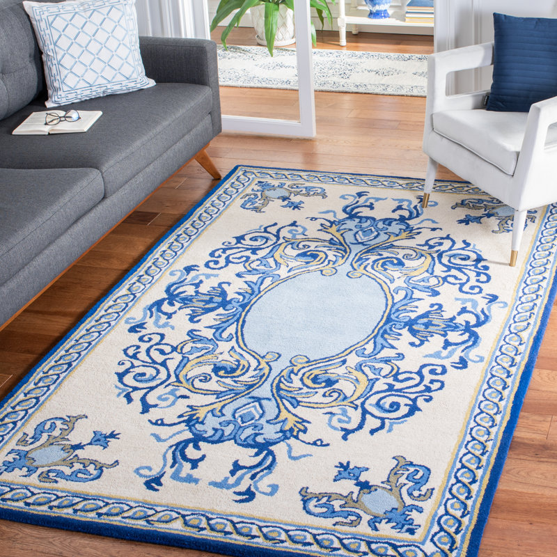 Empire Hand Tufted Wool/Cotton Oriental Rug in Blue/Ivory, Rectangle 5' x 8'