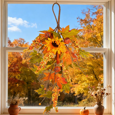 Ornement en forme de goutte de porte avant de 25 pouces, couronne décorative de baies d'érable et de citrouille artificielle de l'Action de grâce, décorations pour l'automne