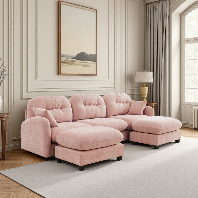 Canapé modulaire en U avec repose-pieds et canapé en chenille, Chenille rose
