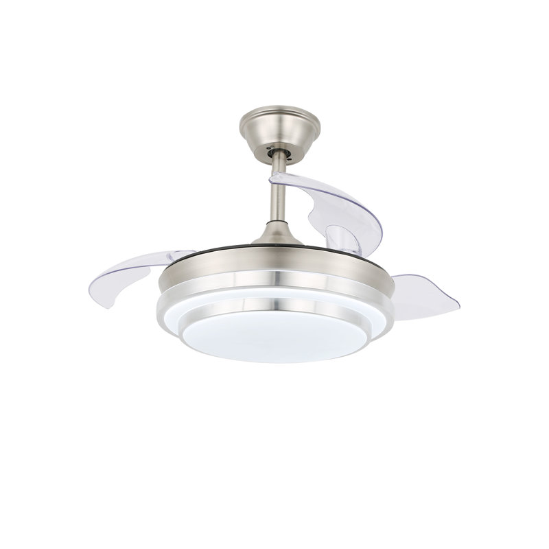 Gerede 36" Three Blade LED Retractable Ceiling Fan With Remote Control And Light Kit, Brushed Nickel with Clear Blades