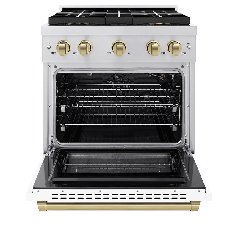 ZLINE Autograph Edition 30 in. 4.2 cu. ft. Paramount Gas Range W/ 4 Burner DuoPro Cooktop and Convection Gas Oven in Stainless Steel W/ White Matte Door and Champagne Bronze Accents