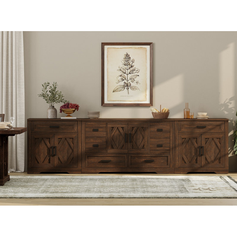 Laziza 117"W Large Modern Farmhouse Large Storage Sideboard Cabinet With Barn Doors & Drawers, Scratch-Resistant Tree Bark 