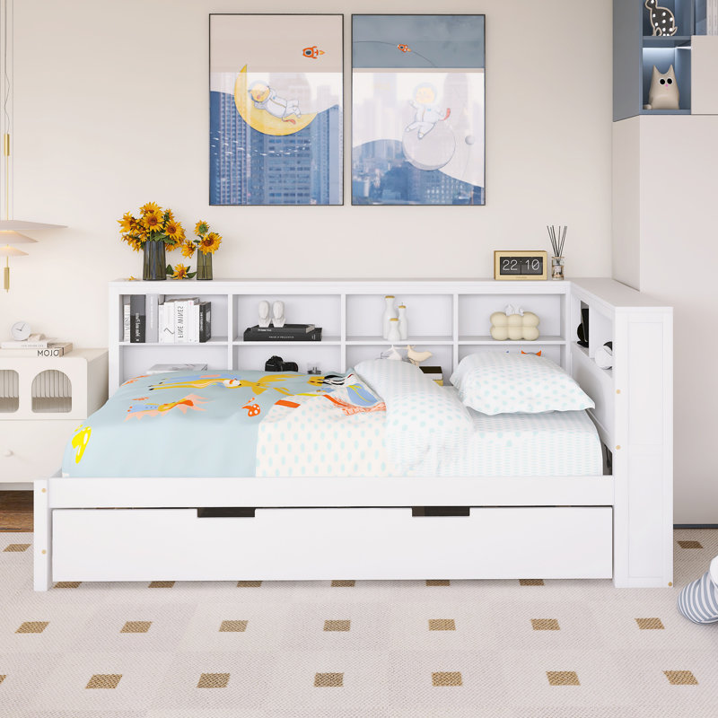 Lit de jour simple avec couchette en bois, tablette de rangement et ports de charge USB, Twin, White