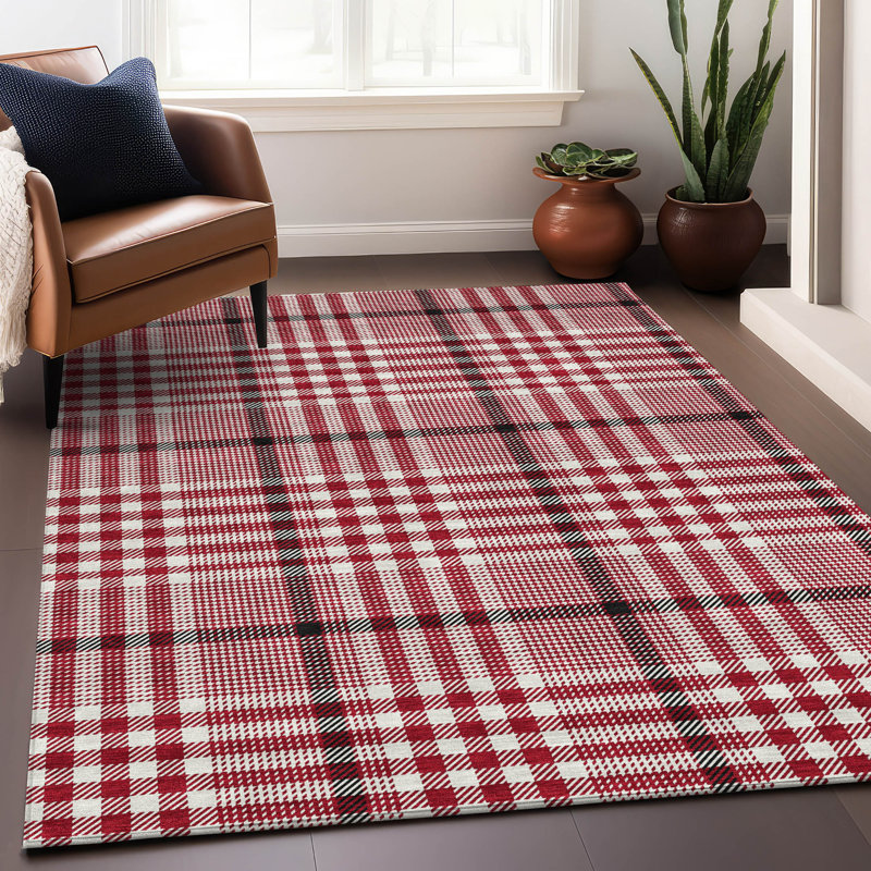 Red Plaid Synthetic Washable Indoor Outdoor Rug 3' x 5'