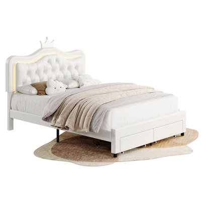 Largent Leather Upholstered Storage Bed with LED Lights and Crown Headboard, Kids Beds