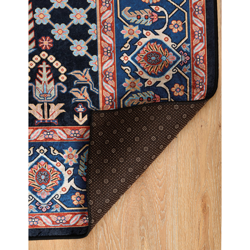 Breedlove Traditional Machine Woven Flatweave Navy and Blue Area Rug with Non Skid Backing, Rectangle 3'3" x 5'