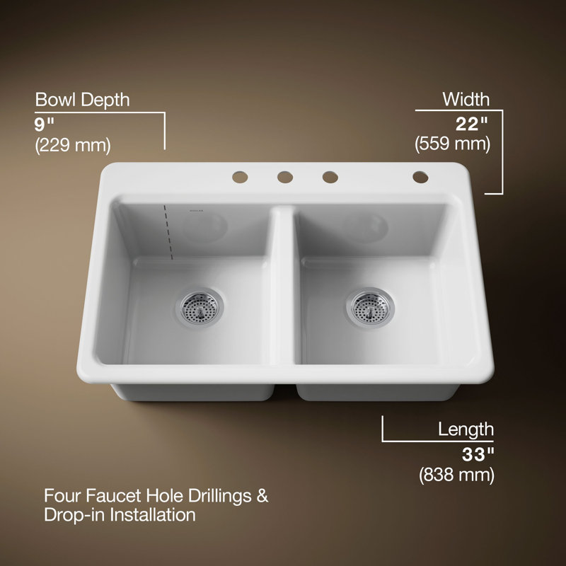 Riverby 33 In. Top-Mount Double-Bowl Kitchen Sink, White, 1 hole, Large/medium bowls
