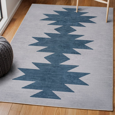 Katriel Minimalist Geometric Machine-Washable Gray/Blue Rug