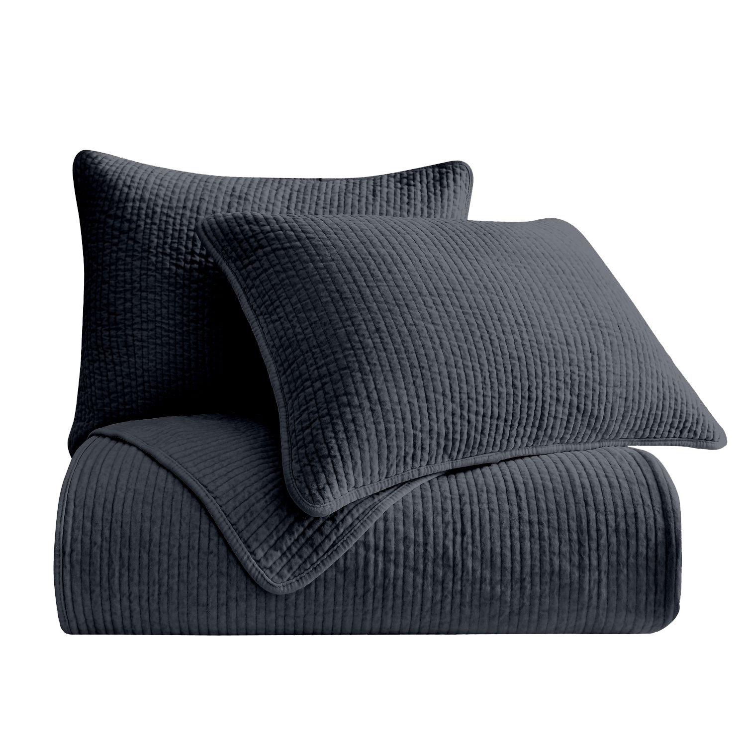 Stone Washed Cotton Velvet Quilt Set, Navy, King Quilt  + 2 King Shams