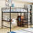 Metal Loft Bed With LED Lighting, Built-In Desk,Staircase, And Wardrobe