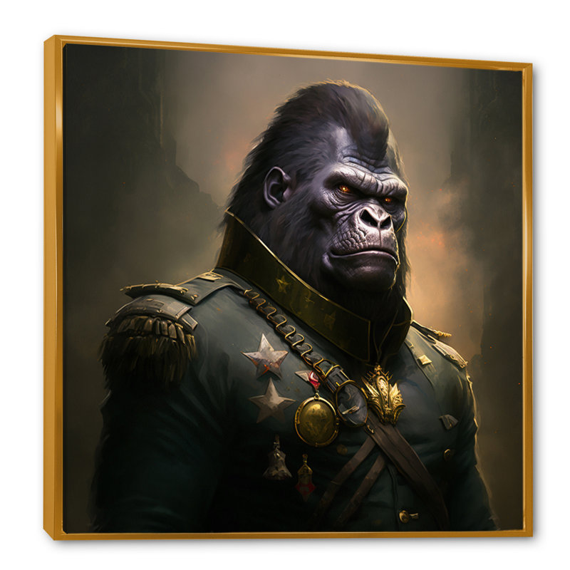 Portrait d'un gorille en uniforme militaire - reproduction sur toile flottante, L 30 po x H 30 po, Or