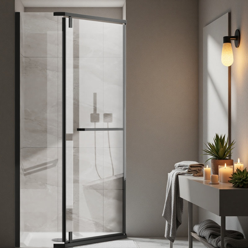 Frameless Shower Door Corner Shower Enclosure With Clear Sgcc Tempered Glass Pivot Shower Door, Black