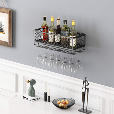 12 Bottle Wall Mounted Wine Bottle & Glass Rack Black