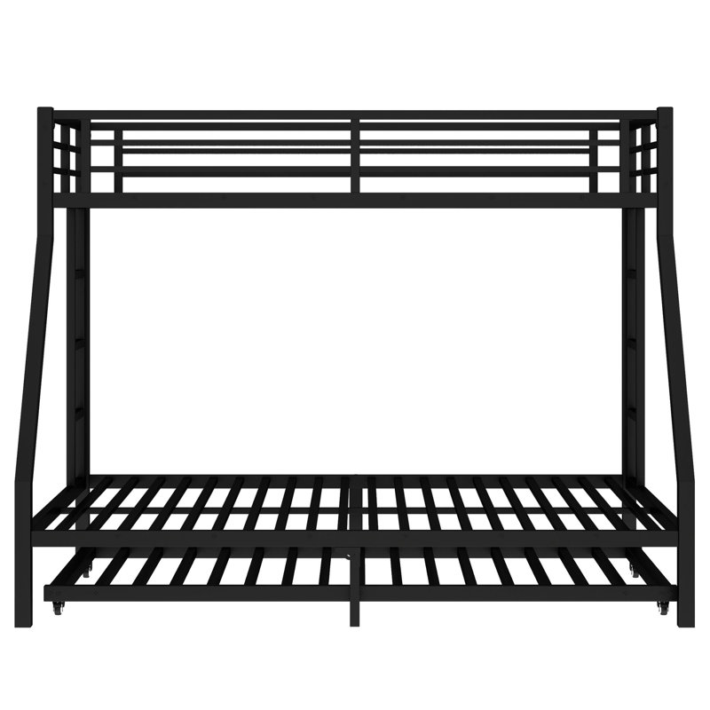 Metal Bunk Bed with Trundle, Black, Twin XL Over Queen