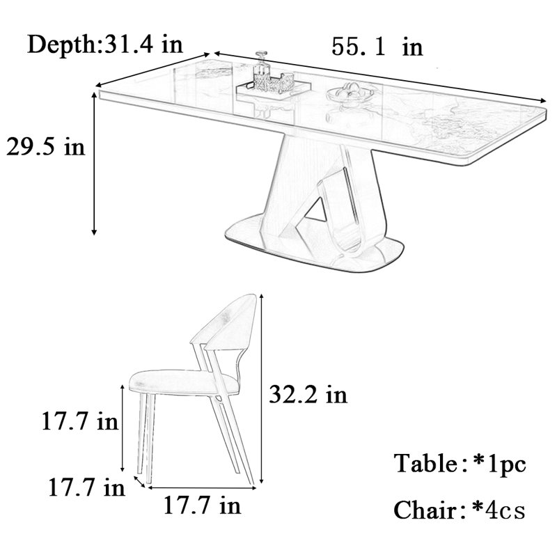 Light luxury rectangular dining table and chair, 29.5"H x 55.1"L x 31.4"W