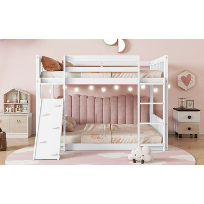 Twin Over Floor Bunk Bed With Playhouse, Climbing Ramp, - Space Saving Bedroom Setup , White Modern Essential Piece
