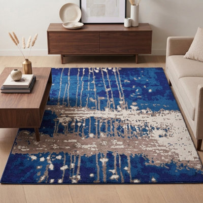Tapis d'intérieur rectangulaire abstrait en soie nouée à la main, bleu et beige