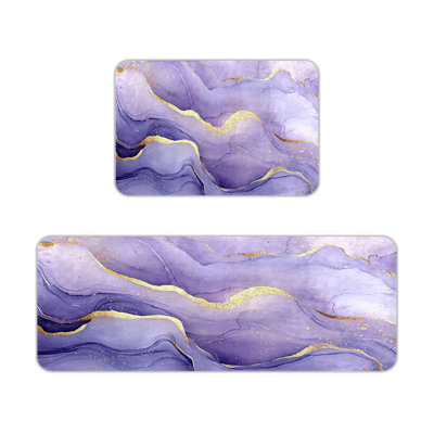 Ensemble de 2 tapis de cuisine mauve à motif de marbres dorés mauves, décor de cuisine moderne, mauve