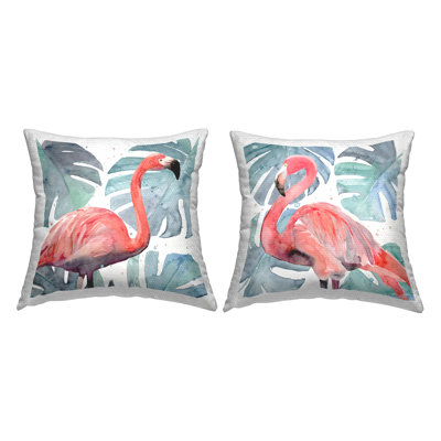 Tropical Pink Flamingo Green Monstera Leaves 2 Piece Outdoor Printed Pillow Set by Annie Warren