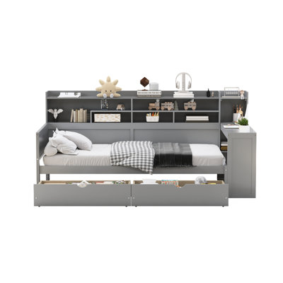 Twin Gray Wooden Daybed With Storage Shelf Structure, Two Drawers And A Study Desk For Bedroom Space Utilization Improvement Wood Multi - Layer Function Enhancement