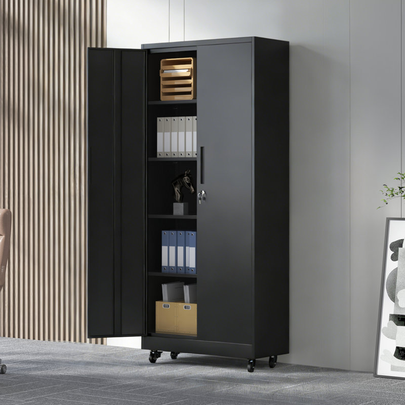 Armoire de rangement de garage avec roulettes et serrure, armoire en métal robuste de 71 pouces, 4 tablettes réglables (180 lb chacune), sécurité verrouillable à 3 points, pour l'organisation d'outils dans le garage, atelier, bureau