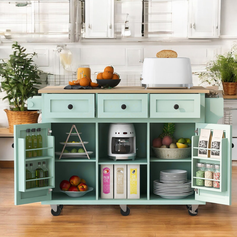 Rolling Kitchen Island Cart with Drawer and Storage Cabinets, Green
