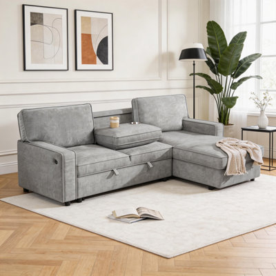 Gray L-Shaped Convertible Sleeper Sectional Sofa with Storage & USB Port