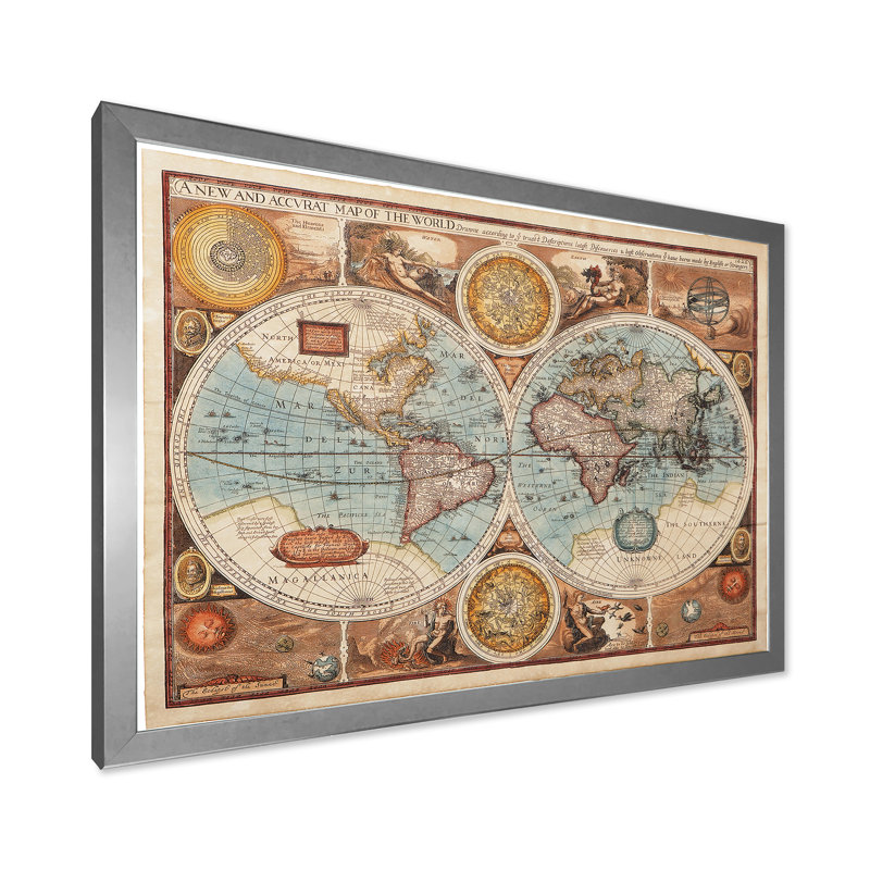 Ancienne carte du monde, reproduction d'art sur toile, H 30 po x l 40 po x 1,5 po, Argent