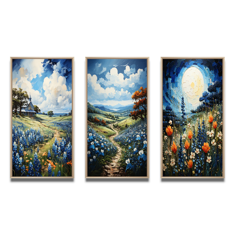 «Blue Bonnets Texan Blues», 3 pièces, Encadré naturel, H 40 po x l 60 po